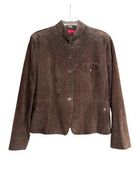 Anne Klein Suede Leather Jacket Mandarin Collar Tyrolean Brown Womens Size L/XL